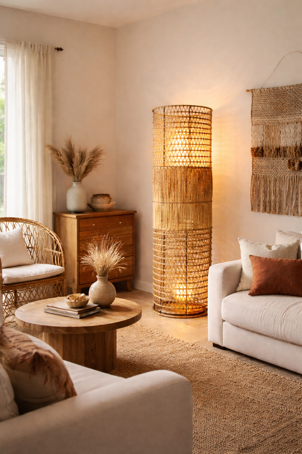 salon avec Lampadaire-cylindrique-en-rotin-tresse  