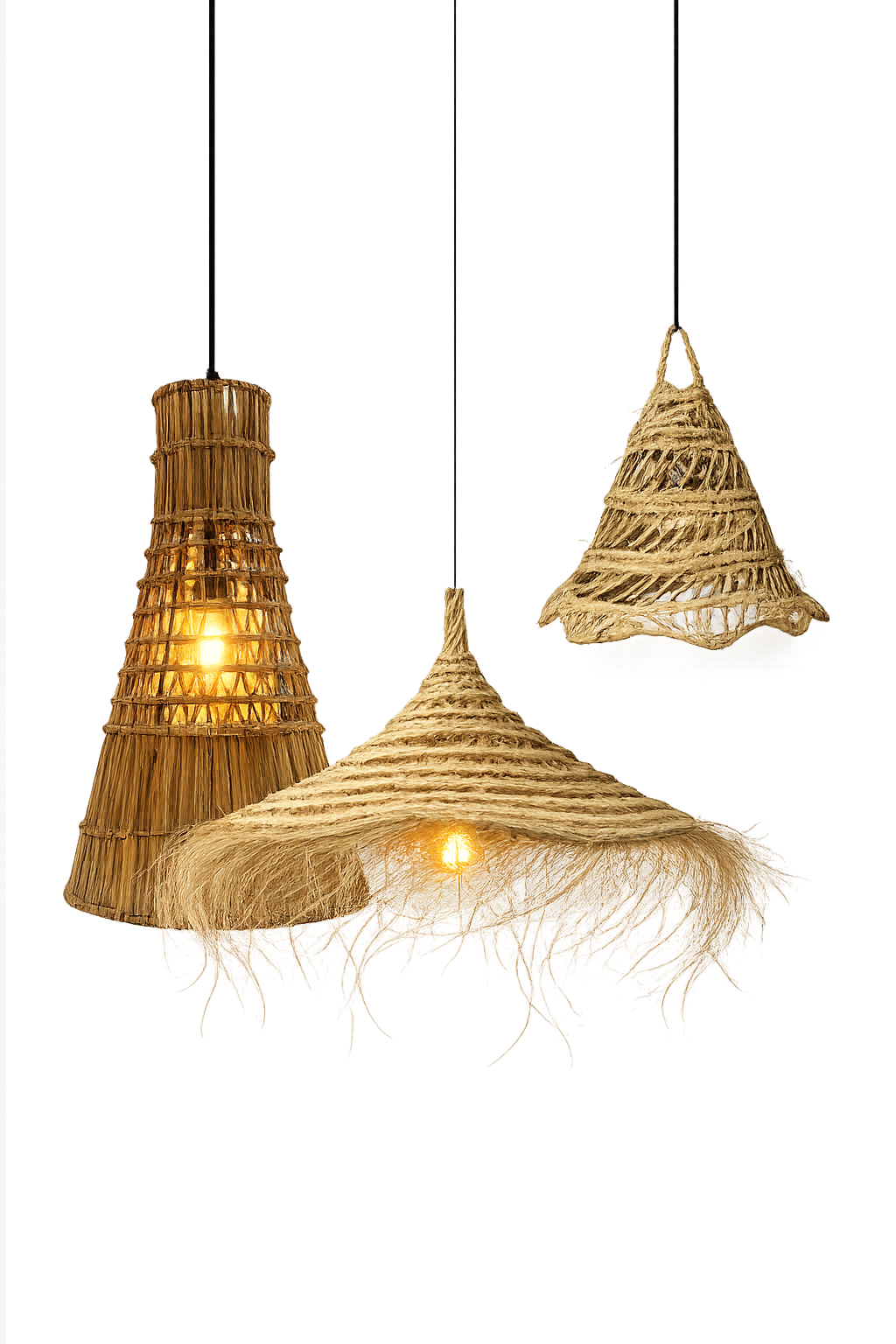 Collection de lustres fait main en fibres naturelles par Maison Louka Djerba