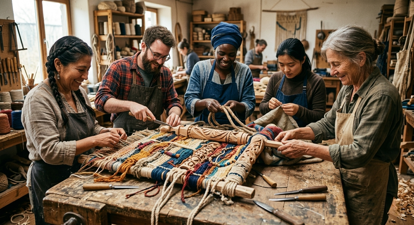Artisans travaillant ensemble sur une pièce faite main par plusieurs mains