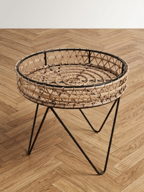 Table d'Appoint Ronde en Rotin Tressé et Métal Noir