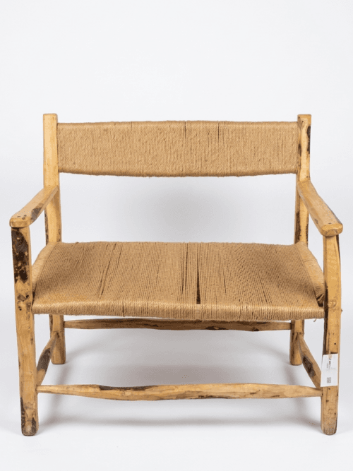Banquette bois brut Tunisie assise tressée corde accoudoirs
