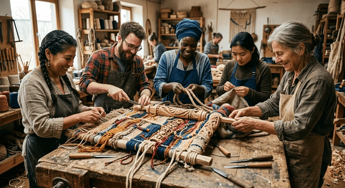 Artisans travaillant ensemble sur une pièce faite main par plusieurs mains